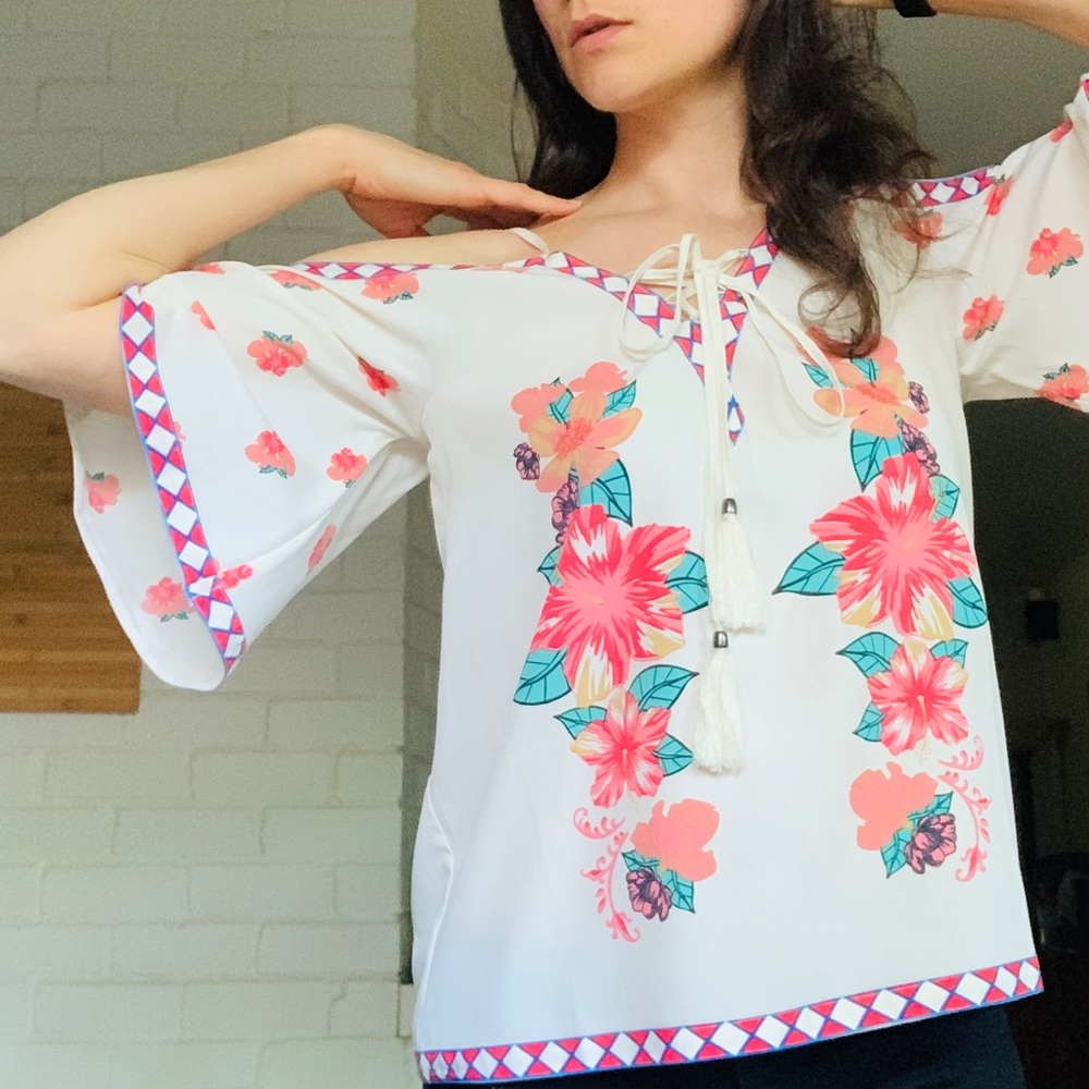 Boho Cold Shoulder Corset Tie Crop Floral Top Med - Picture 5 of 9